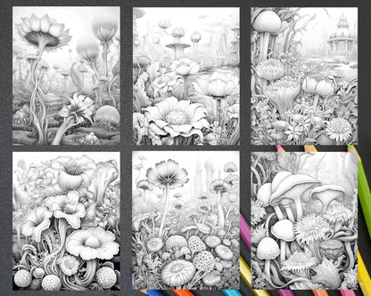 55 Fantasy Flowers Grayscale Coloring Pages for Adults, Printable PDF File Instant Download