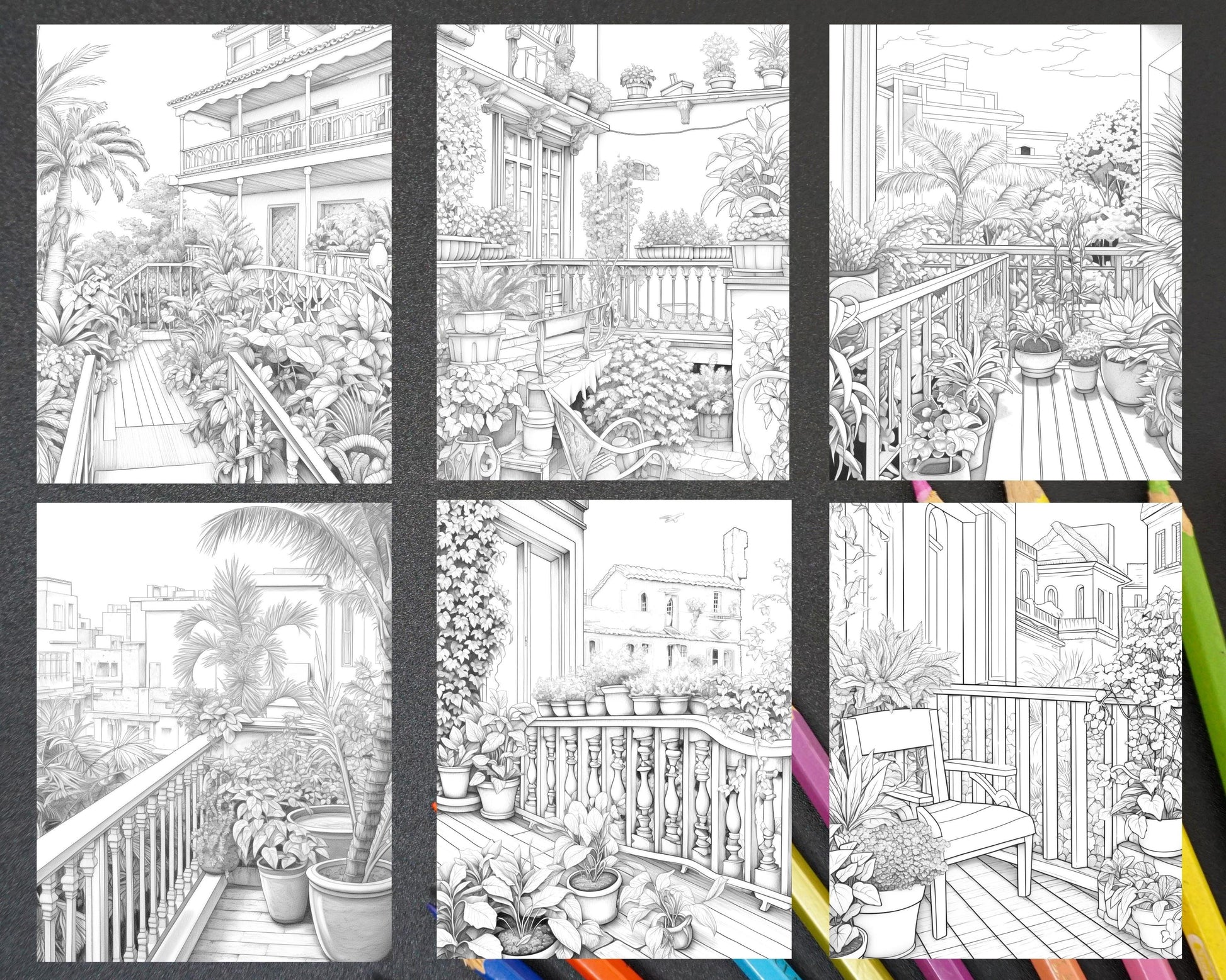 Charming Balcony Garden Grayscale Coloring Pages Printable for Adults, PDF File Instant Download