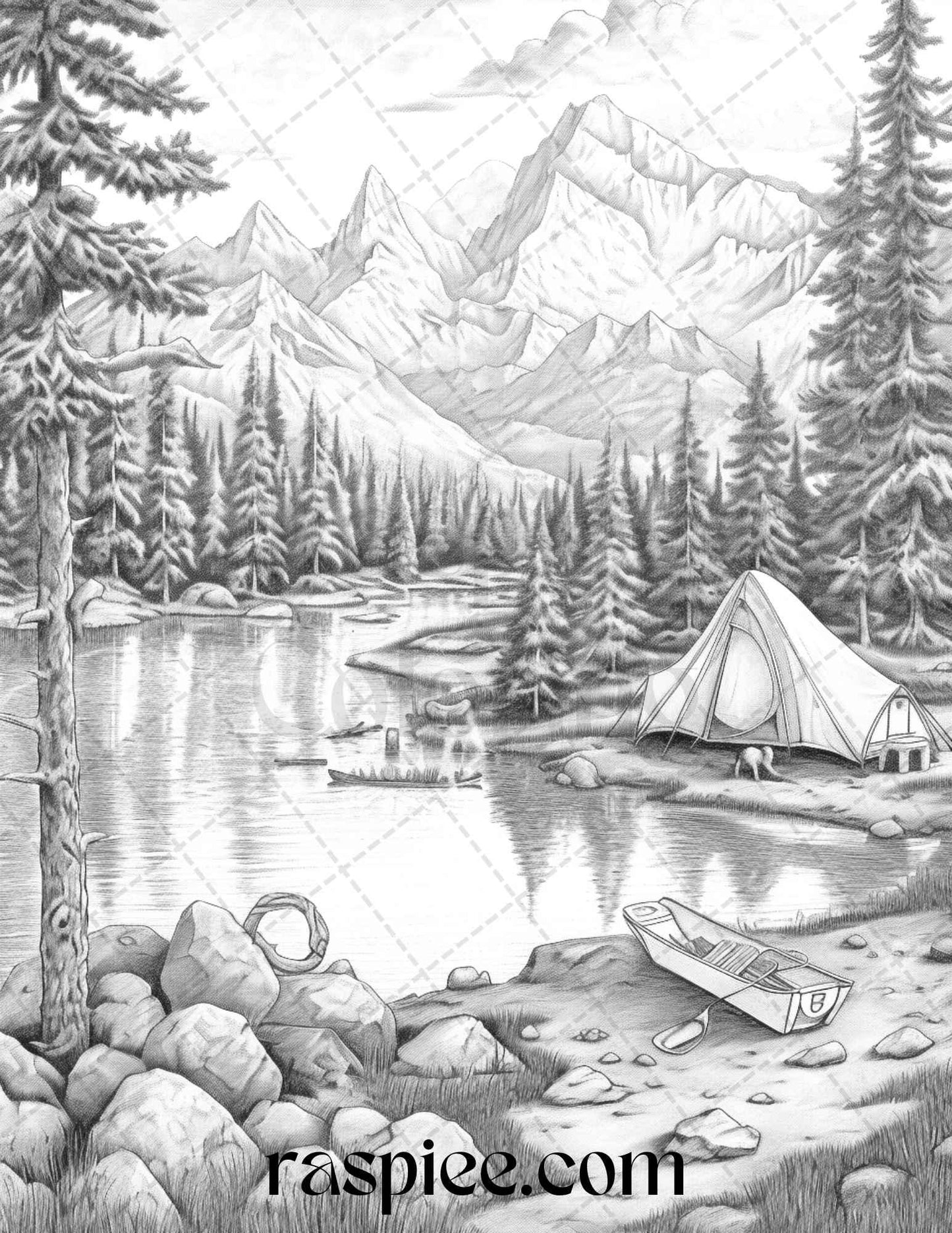 Nature Camping Grayscale Coloring Pages Printable, Relaxing Outdoor Scenes, PDF File Instant Download