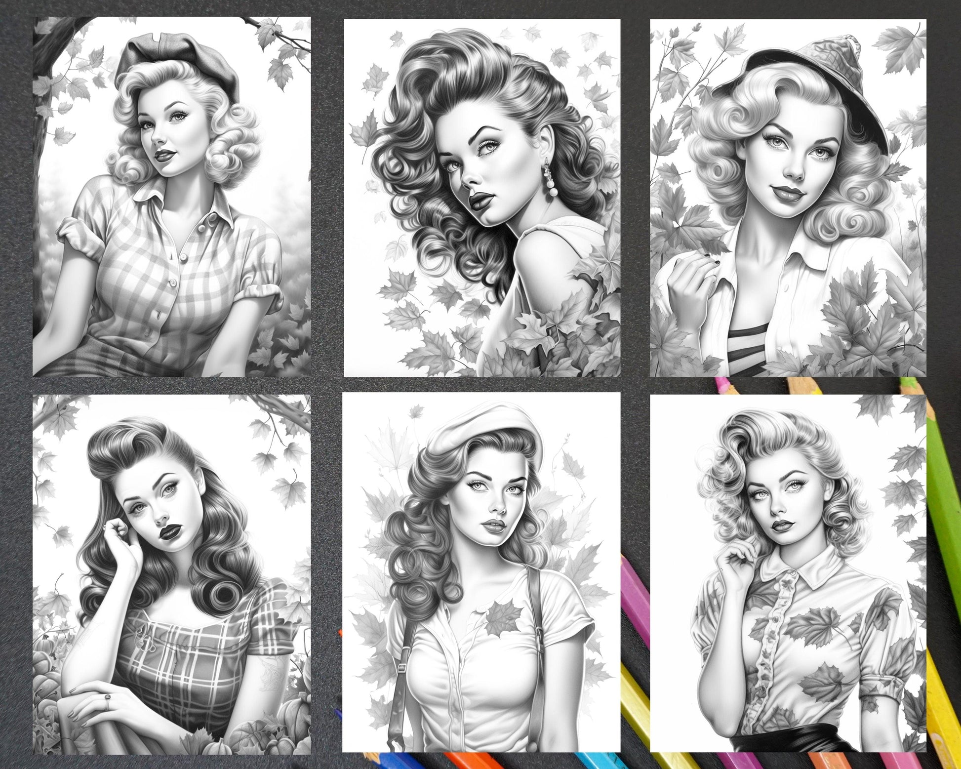 55 Autumn Pin Up Girls Grayscale Coloring Pages Printable for Adults, PDF File Instant Download