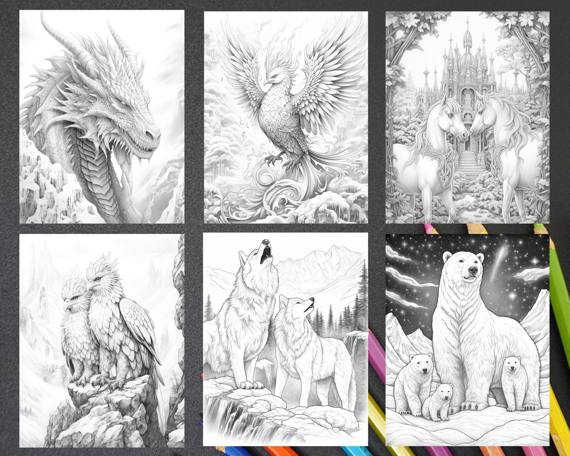 50 Winter Wonderland Grayscale Coloring Pages for Adults, Printable PDF Instant Download