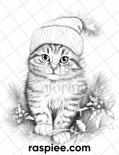 40 Christmas Cats Grayscale Coloring Pages for Adults, Printable PDF Instant Download