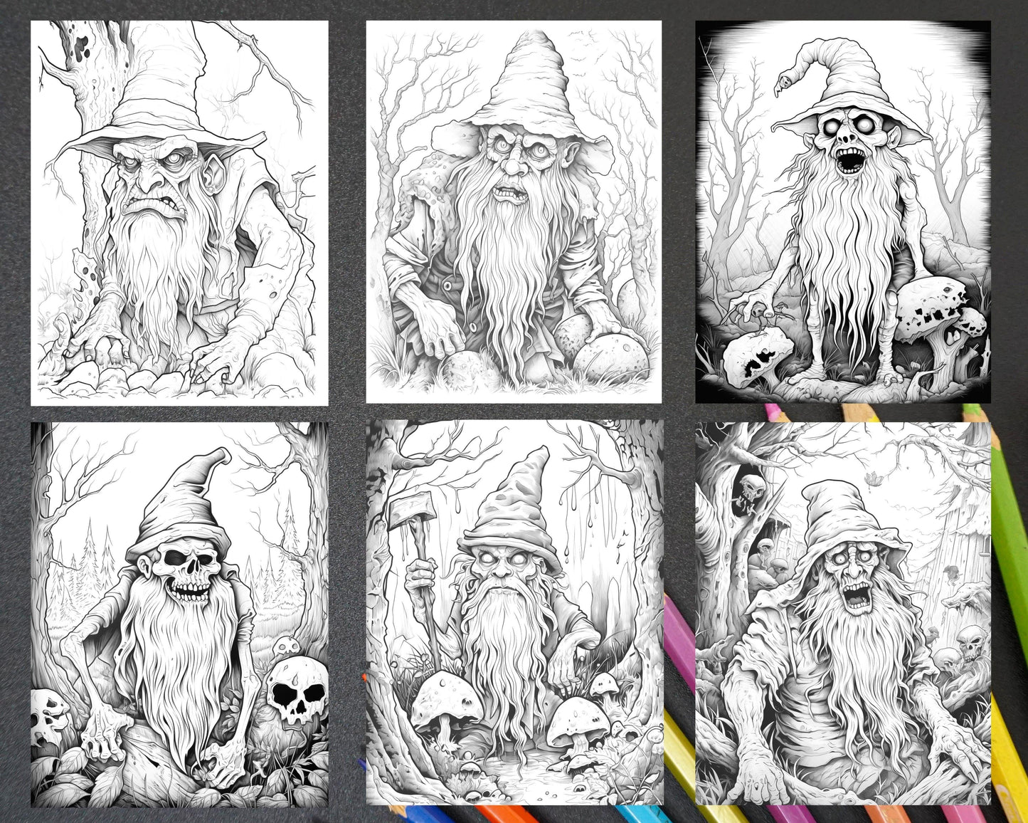 50 Horror Zombie Gnomes Grayscale Coloring Pages Printable for Adults, PDF File Instant Download