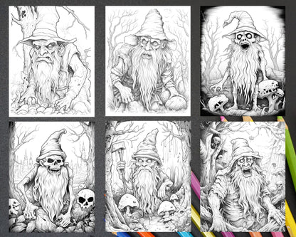 50 Horror Zombie Gnomes Grayscale Coloring Pages Printable for Adults, PDF File Instant Download