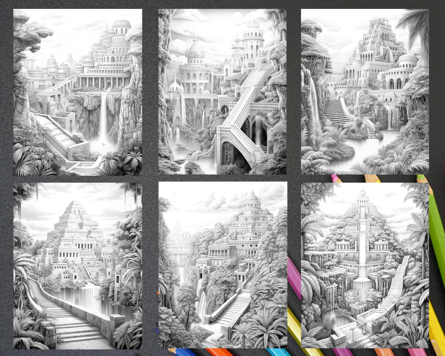 Hanging Gardens of Babylon Grayscale Coloring Pages Printable, PDF File Instant Download