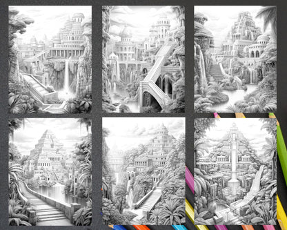Hanging Gardens of Babylon Grayscale Coloring Pages Printable, PDF File Instant Download