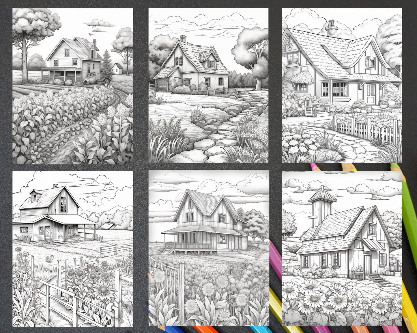 Charming Farmhouse Scenery Grayscale Coloring Pages Printable for Adults, PDF File Instant Download