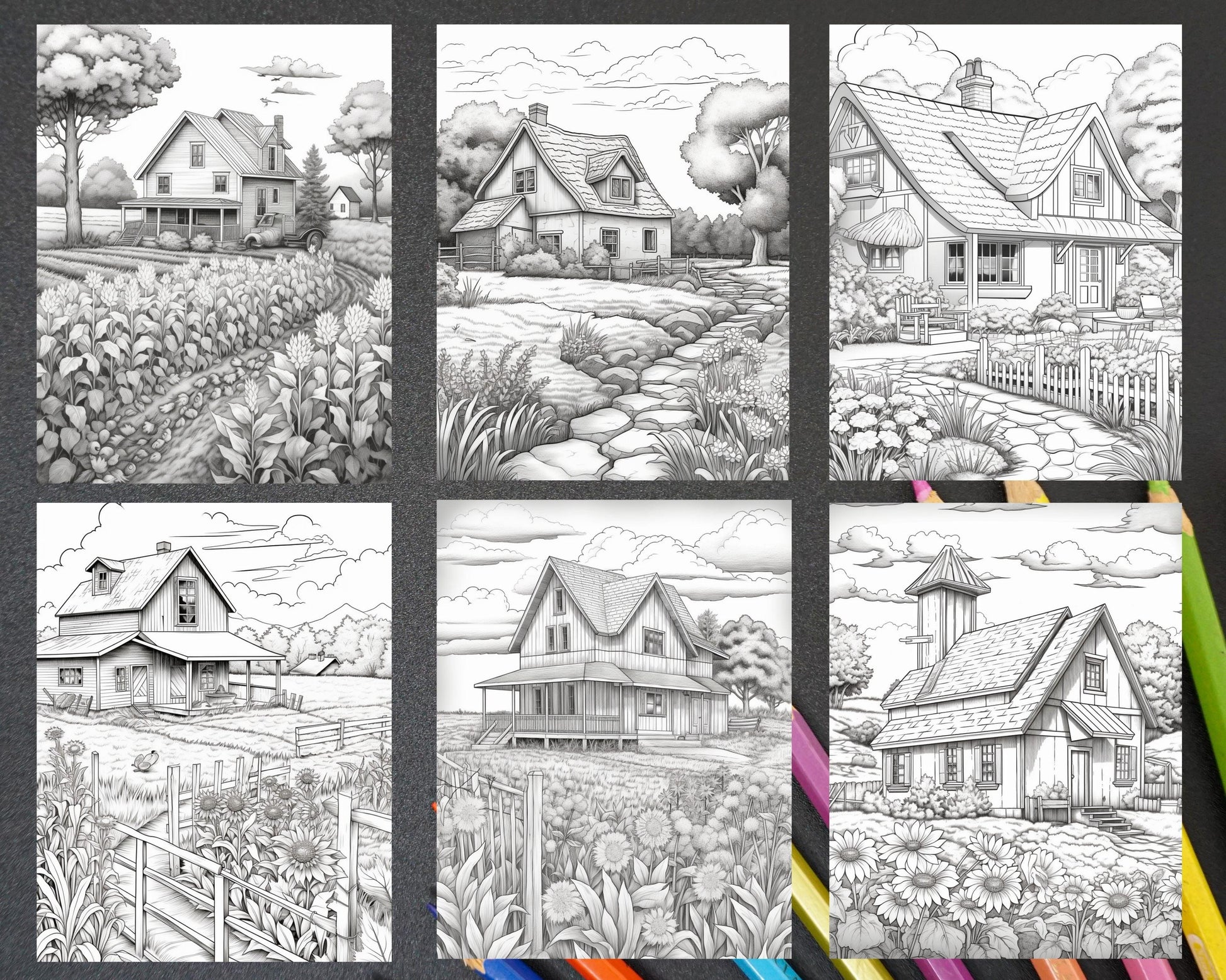 Charming Farmhouse Scenery Grayscale Coloring Pages Printable for Adults, PDF File Instant Download