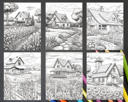 Charming Farmhouse Scenery Grayscale Coloring Pages Printable for Adults, PDF File Instant Download