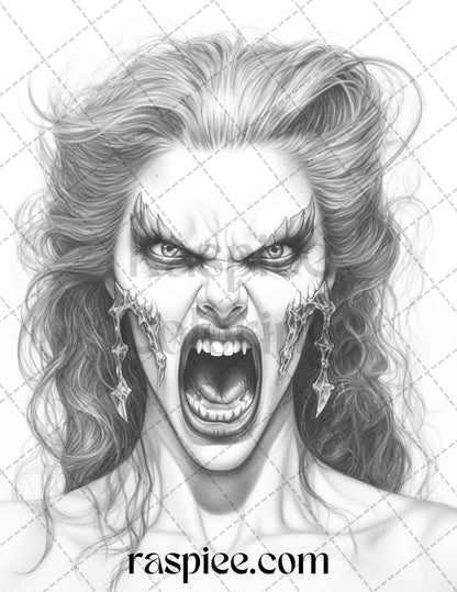 Bewitching Vampires Grayscale Coloring Pages Printable for Adults, PDF File Instant Download