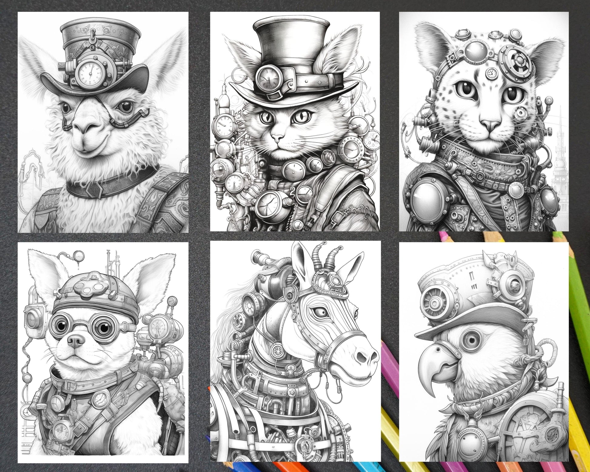 60 Steampunk Animals Grayscale Coloring Pages Printable for Adults, PDF File Instant Download