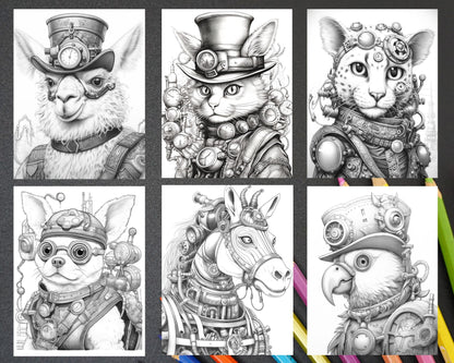 60 Steampunk Animals Grayscale Coloring Pages Printable for Adults, PDF File Instant Download