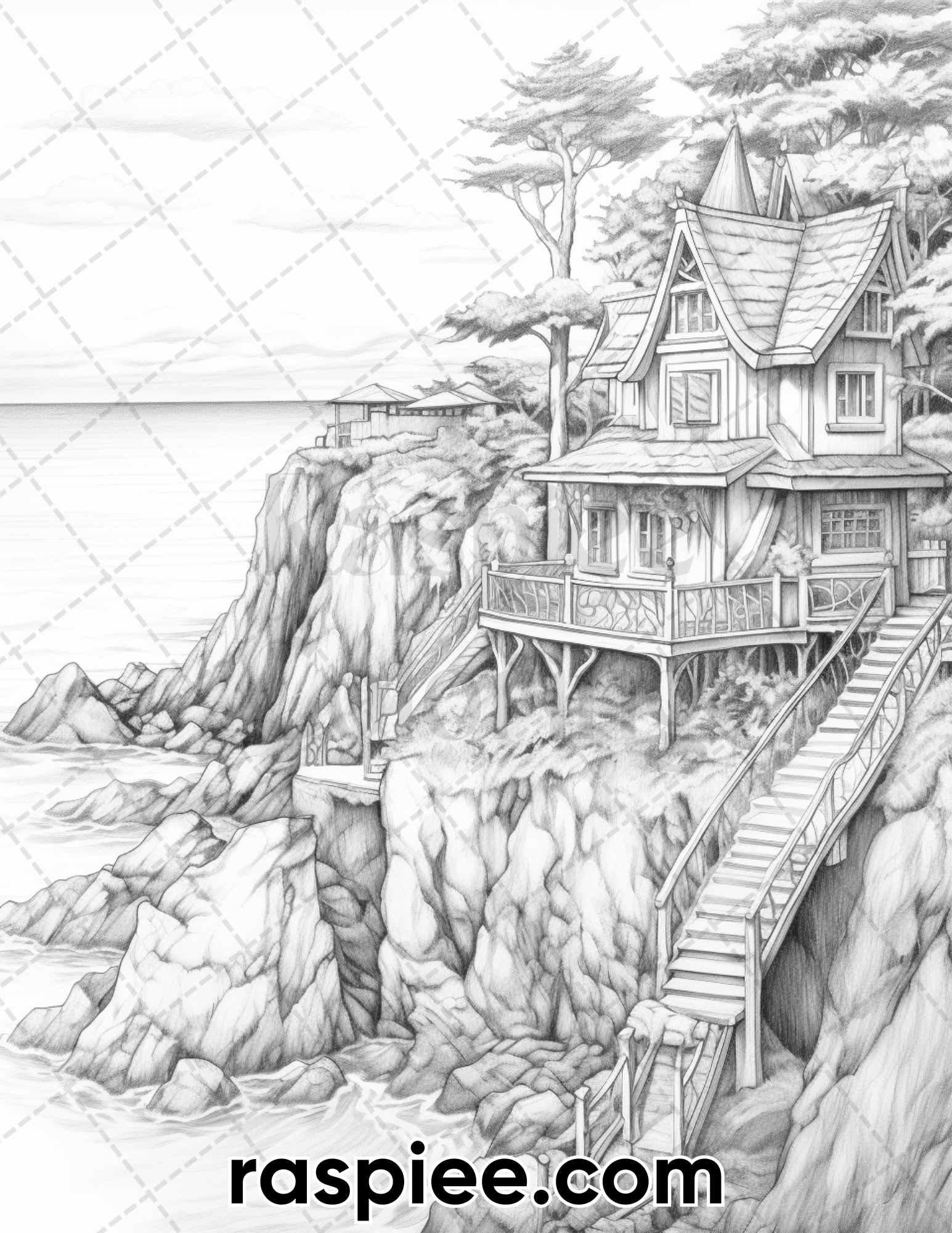 50 Fairy Beach Houses Grayscale Coloring Pages for Adults, Printable PDF Instant Download