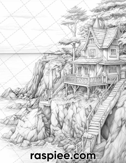50 Fairy Beach Houses Grayscale Coloring Pages for Adults, Printable PDF Instant Download