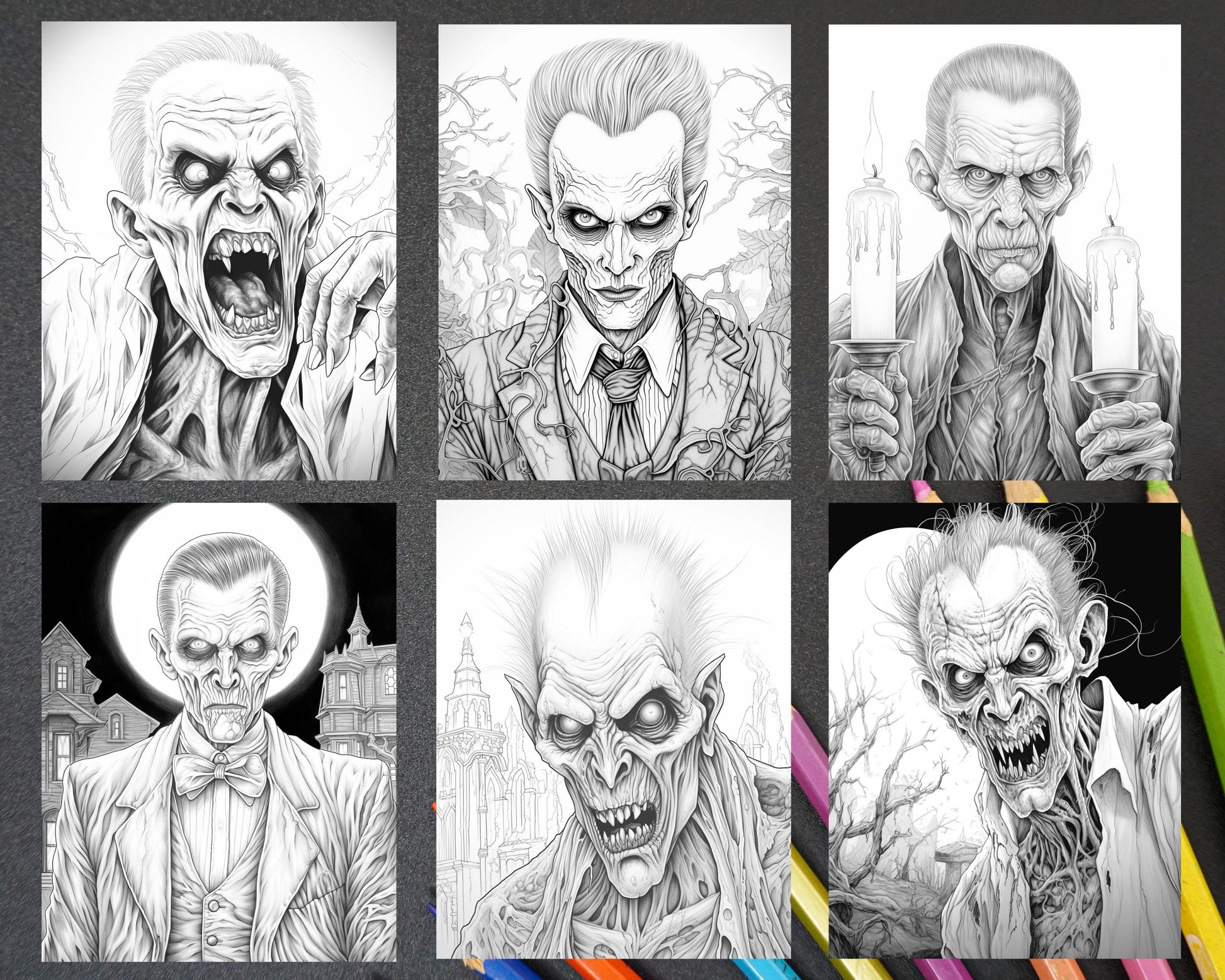 60 Halloween Vampire Grayscale Coloring Pages Printable for Adults, PDF File Instant Download