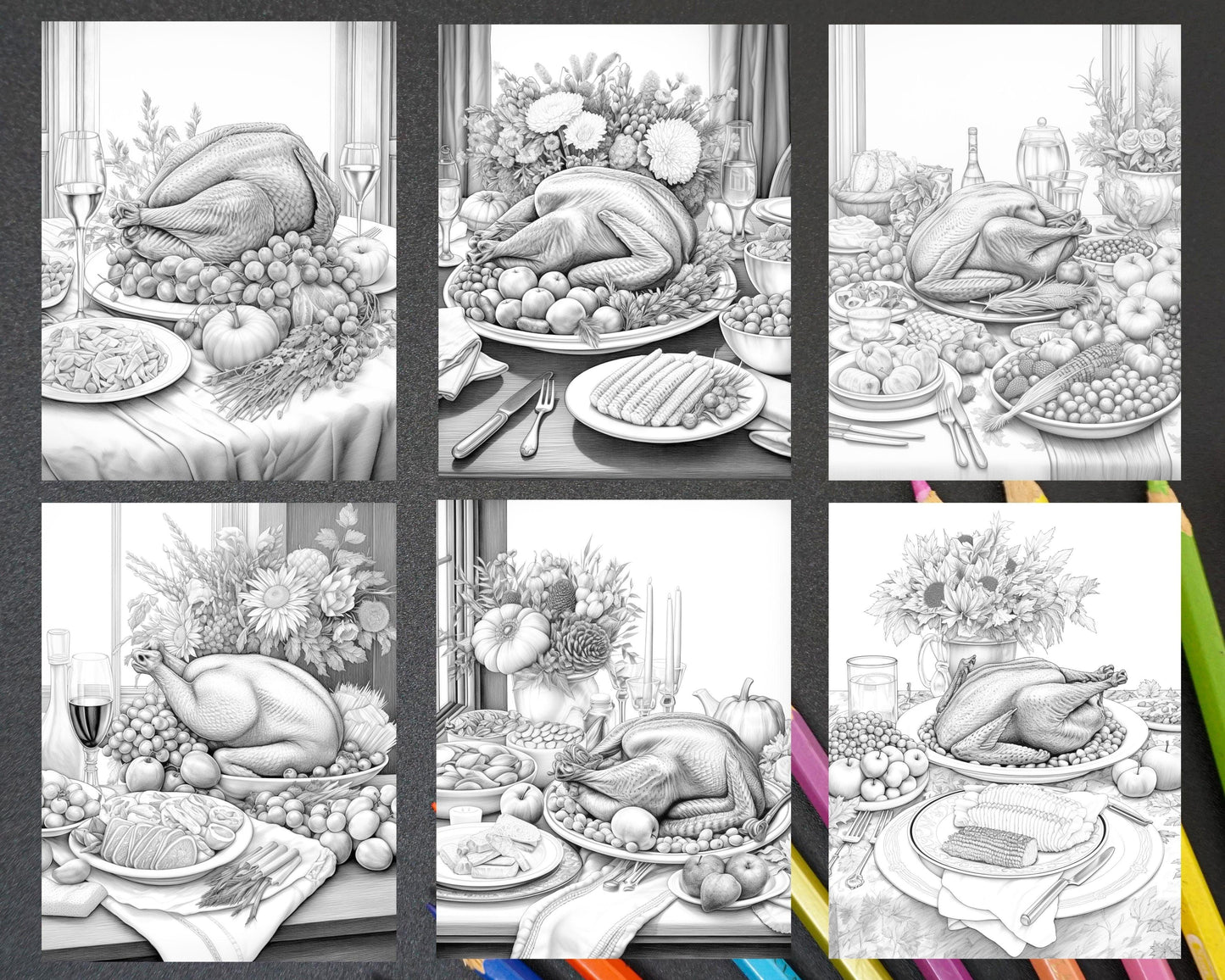 Thanksgiving Dinner Grayscale Coloring Pages for Adults, Relaxing Fall Coloring Sheets, Printable PDF File Instant Download
