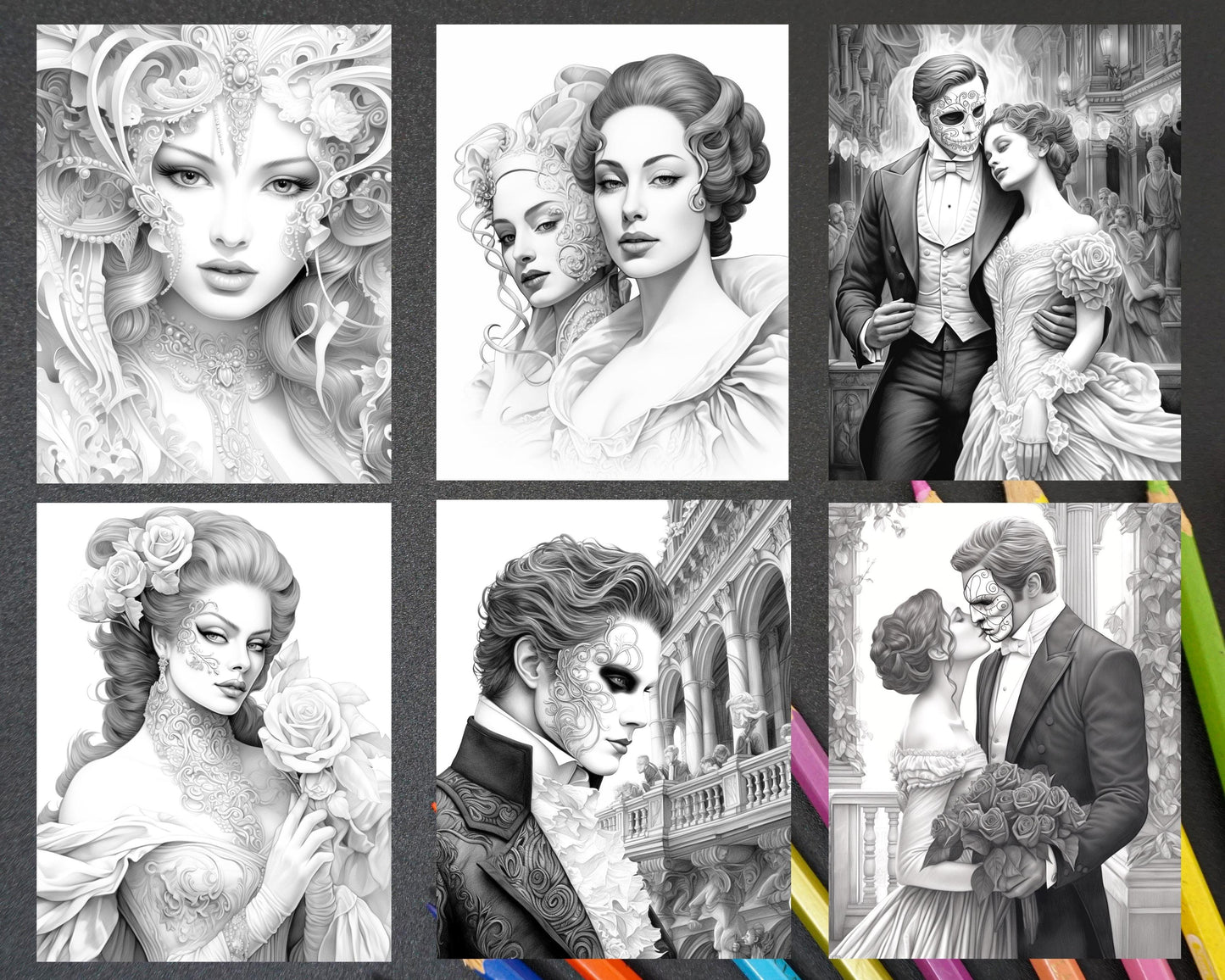 Phantom of the Opera Grayscale Coloring Pages Printable for Adults, PDF File Instant Download