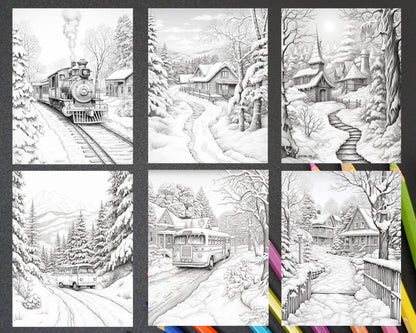 Winter Scenery Grayscale Coloring Pages Printable, Relaxing Snowy Landscapes, PDF File Instant Download
