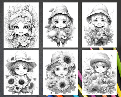 50 Flower Gnomes Grayscale Coloring Pages Printable for Adults Kids, PDF File Instant Download