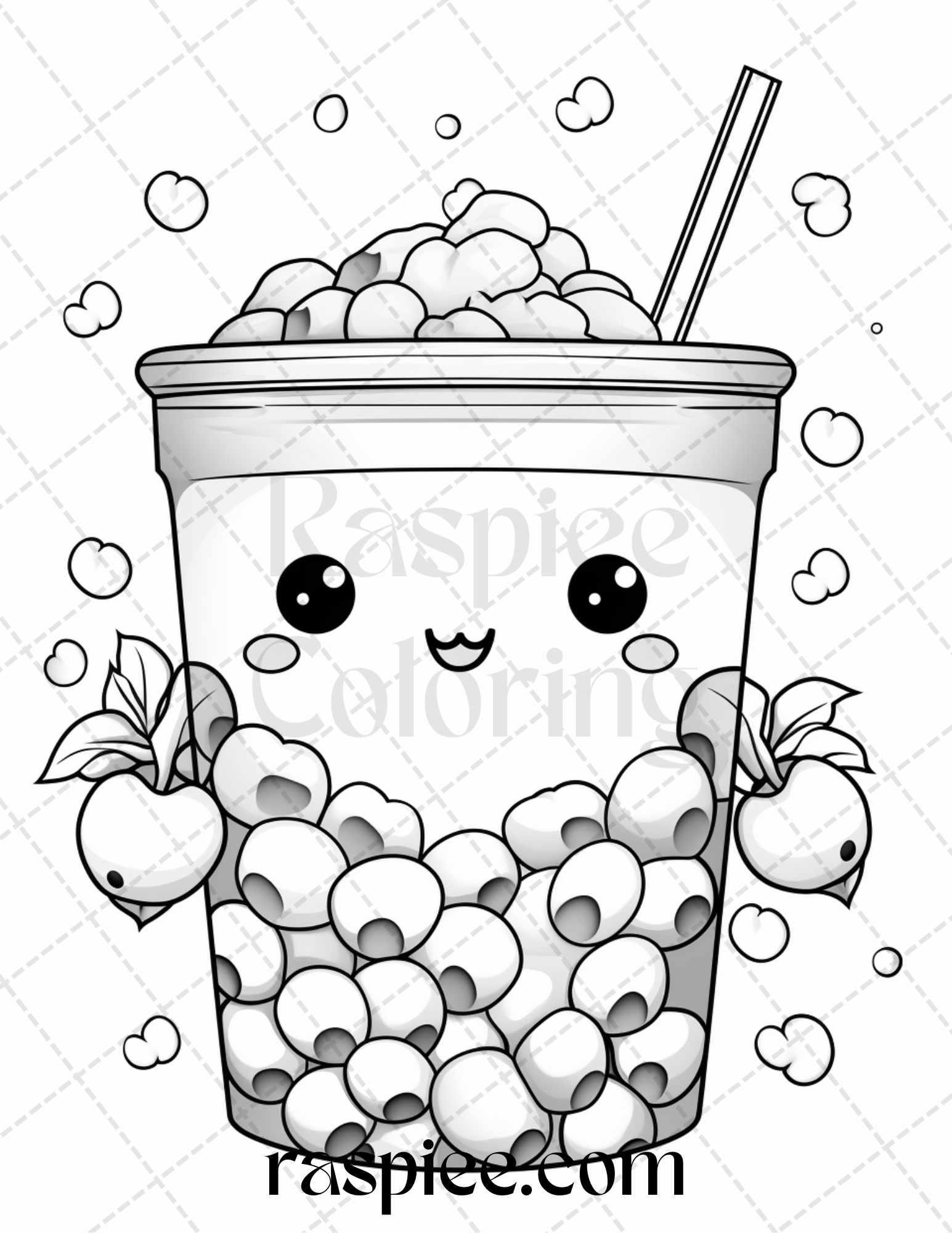 50 Cute Kawaii Boba Tea Grayscale Coloring Pages for Adults and Kids, Printable PDF File Instant Download
