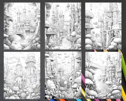Enchanted Underwater City Grayscale Coloring Pages Printable for Adults, PDF File Instant Download