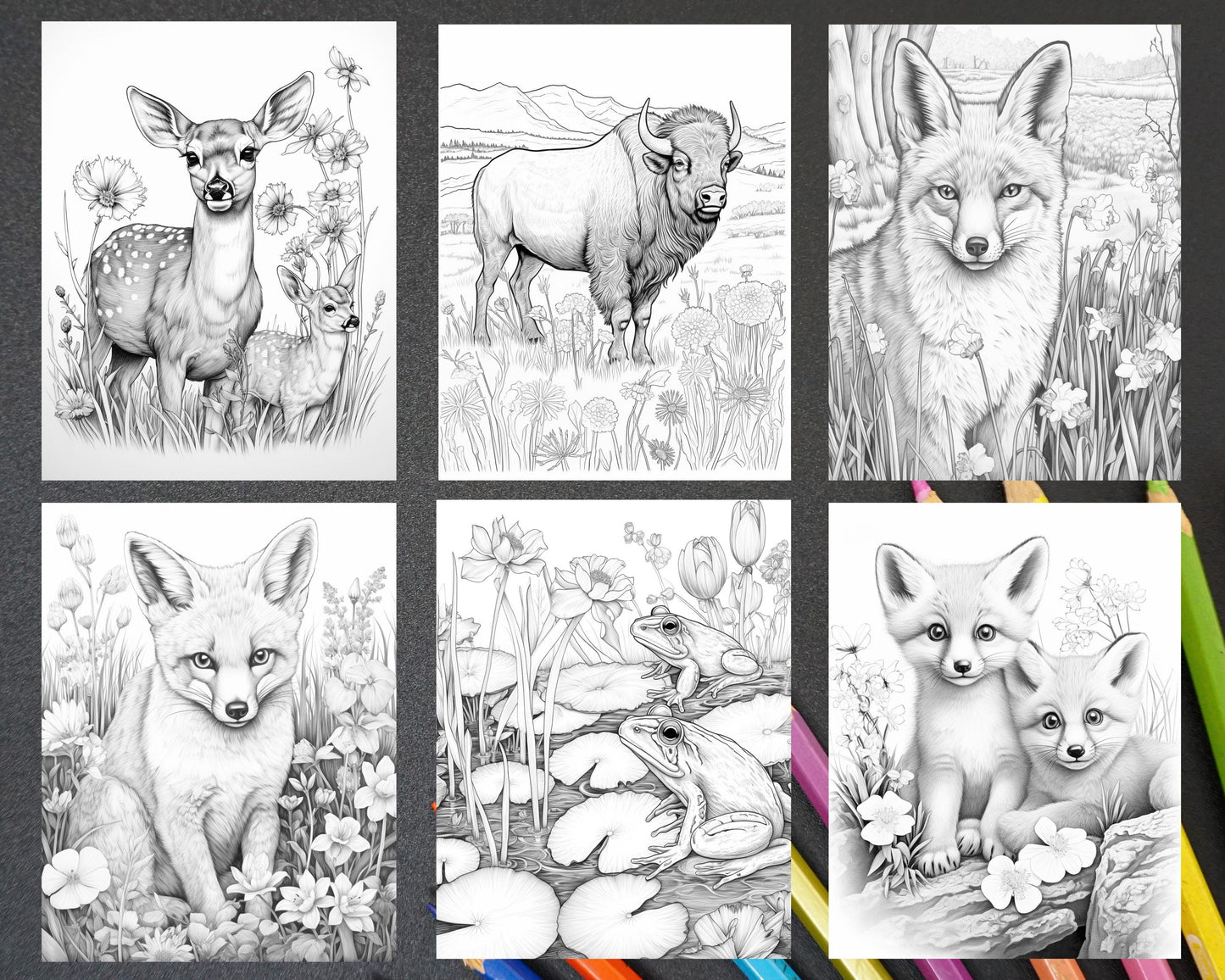 55 Enchanting Spring Animals Grayscale Adult Coloring Pages, Printable PDF Instant Download
