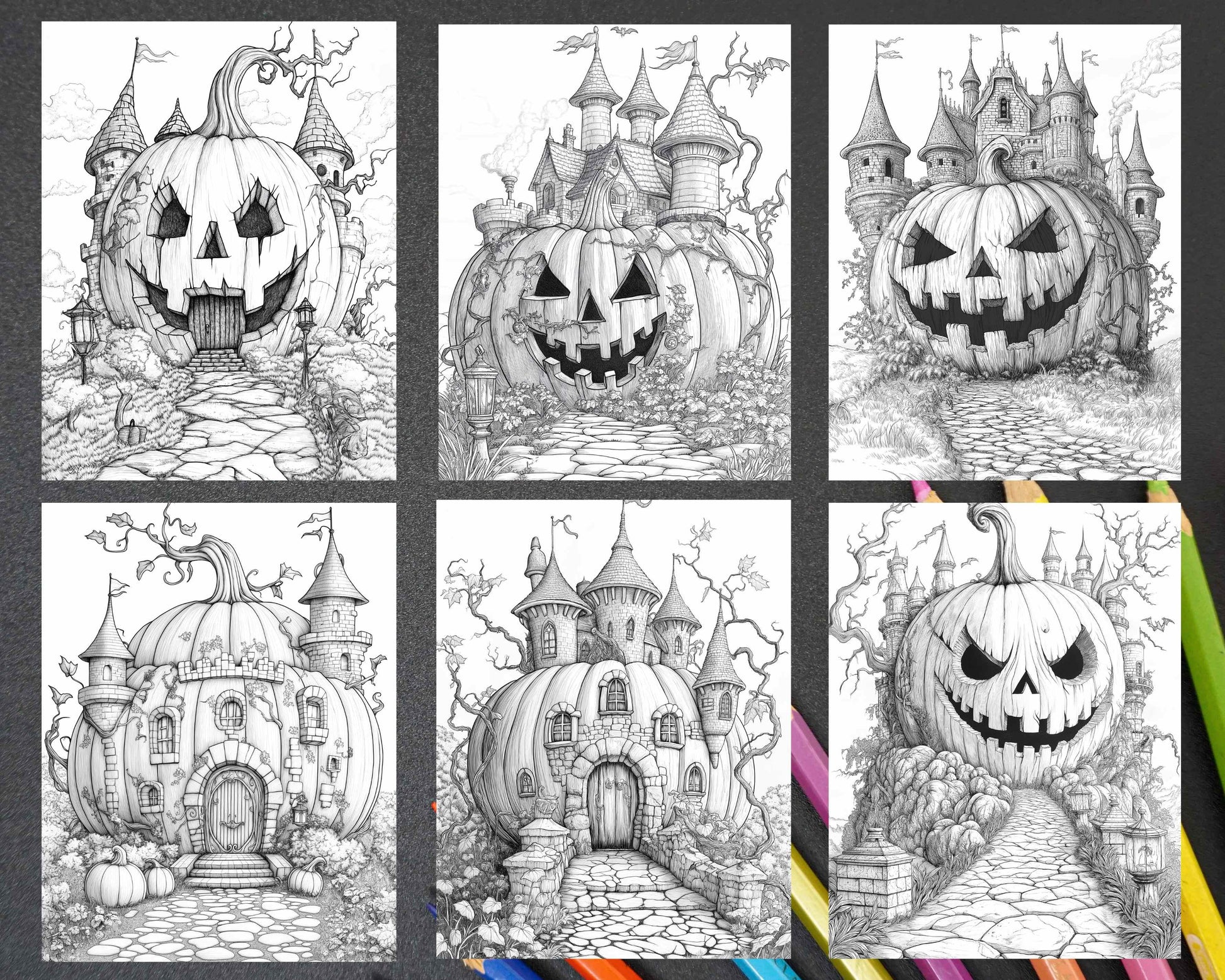 Fantasy Giant Pumpkin Castles Adult Coloring Pages Printable PDF Instant Download