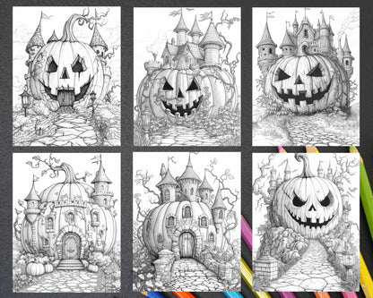 Fantasy Giant Pumpkin Castles Adult Coloring Pages Printable PDF Instant Download