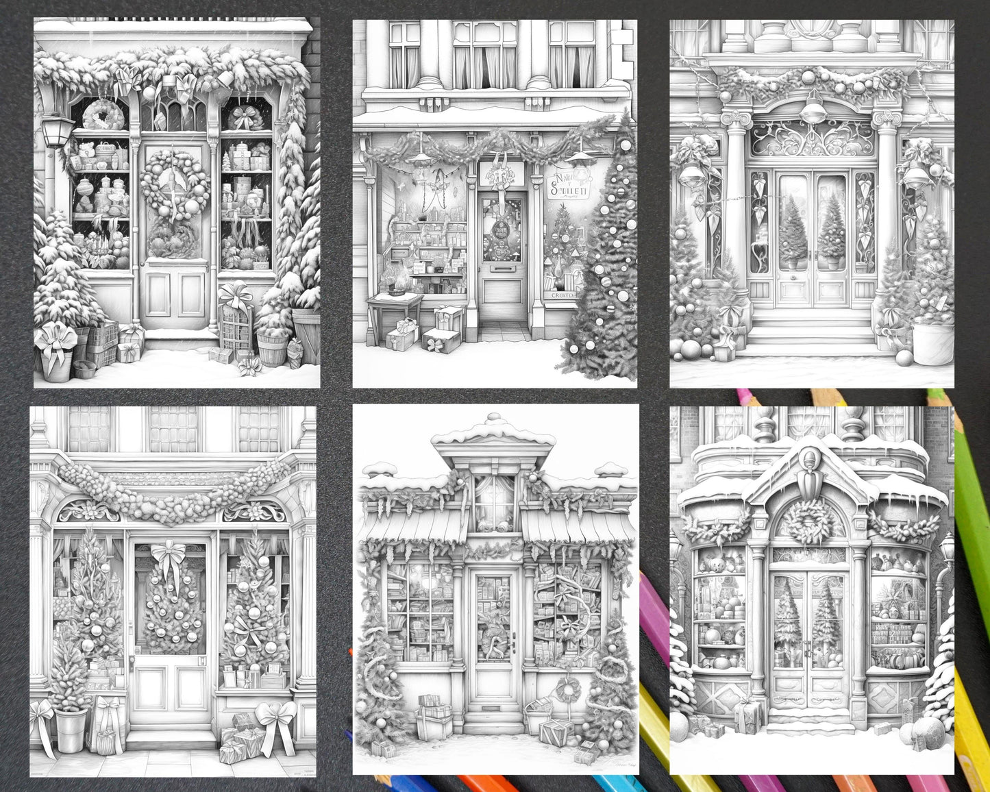Christmas Store Front Grayscale Coloring Pages for Adults, PDF Printable Instant Download