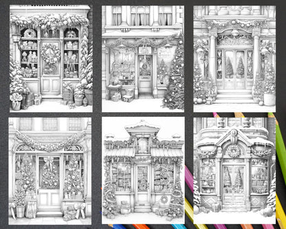 Christmas Store Front Grayscale Coloring Pages for Adults, PDF Printable Instant Download