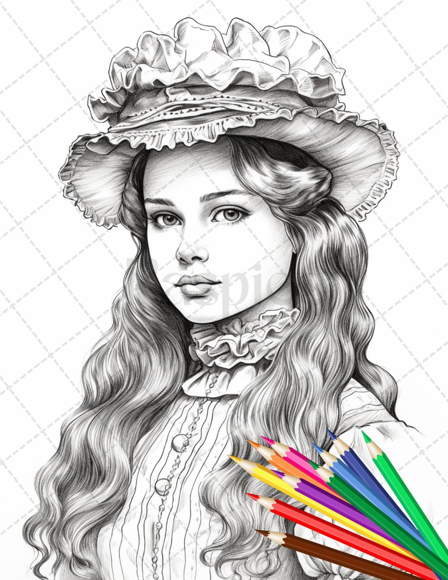 36 Beautiful Victorian Girls Coloring Pages Printable for Adults, Grayscale Coloring Page, PDF File Instant Download
