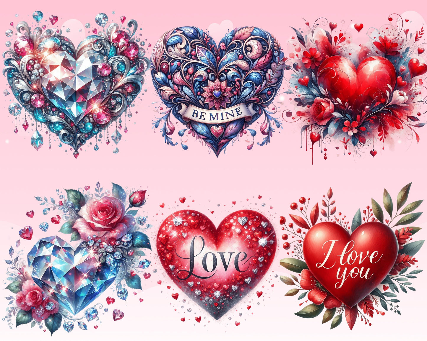 Romantic Valentine Heart Clipart Bundle, 52 PNG High-Res Files for Commercial Use and DIY Projects