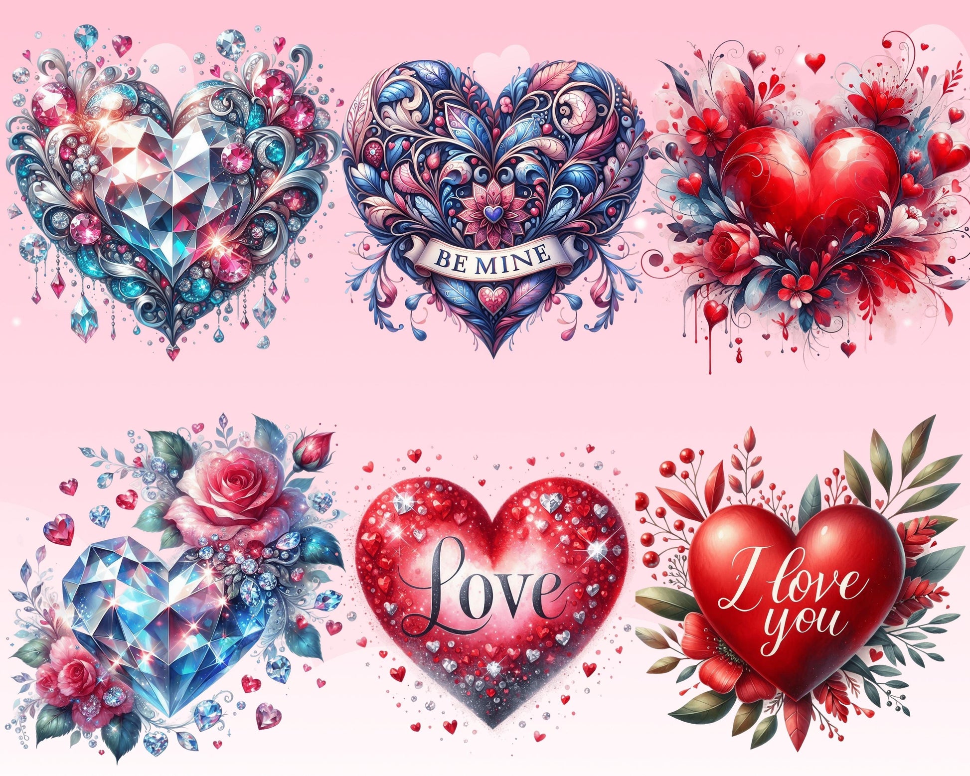 Romantic Valentine Heart Clipart Bundle, 52 PNG High-Res Files for Commercial Use and DIY Projects