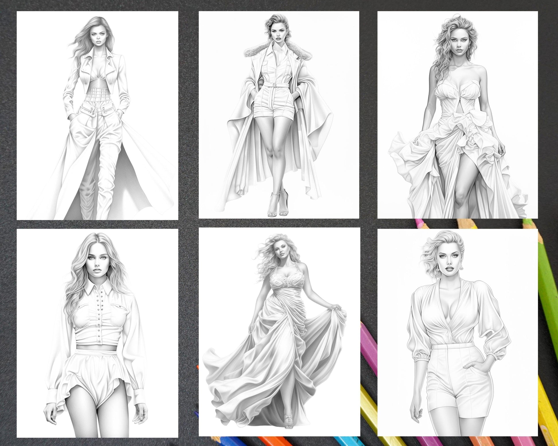 Fashion Show Grayscale Coloring Pages Printable for Adults, PDF File Instant Download