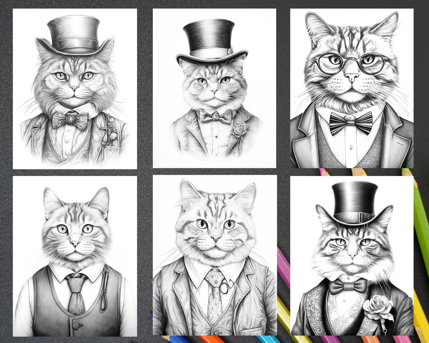 Gentleman Cat Grayscale Coloring Pages Printable for Adults Kids, PDF File Instant Download