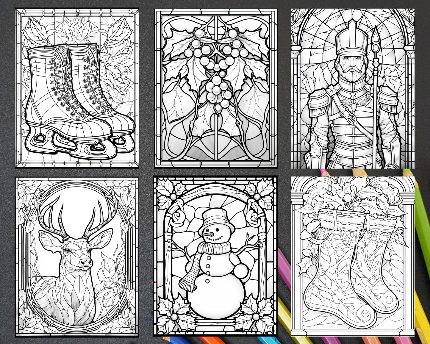 50 Christmas Stained Glass Grayscale Coloring Pages for Adults, Printable PDF File Instant Download