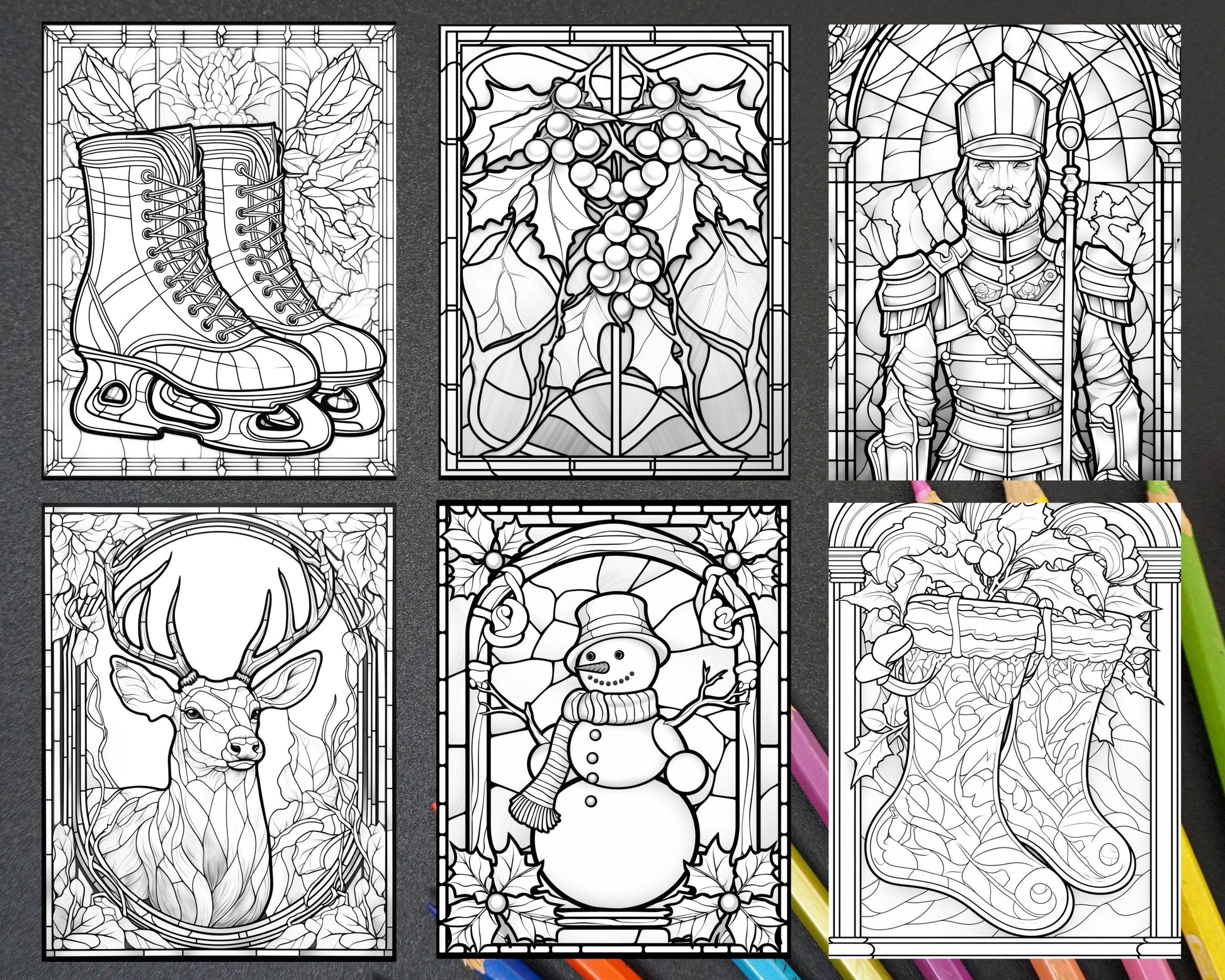 50 Christmas Stained Glass Grayscale Coloring Pages for Adults, Printable PDF File Instant Download