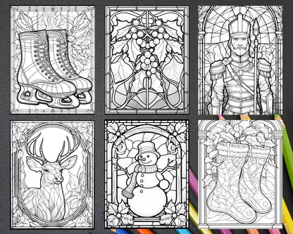 50 Christmas Stained Glass Grayscale Coloring Pages for Adults, Printable PDF File Instant Download