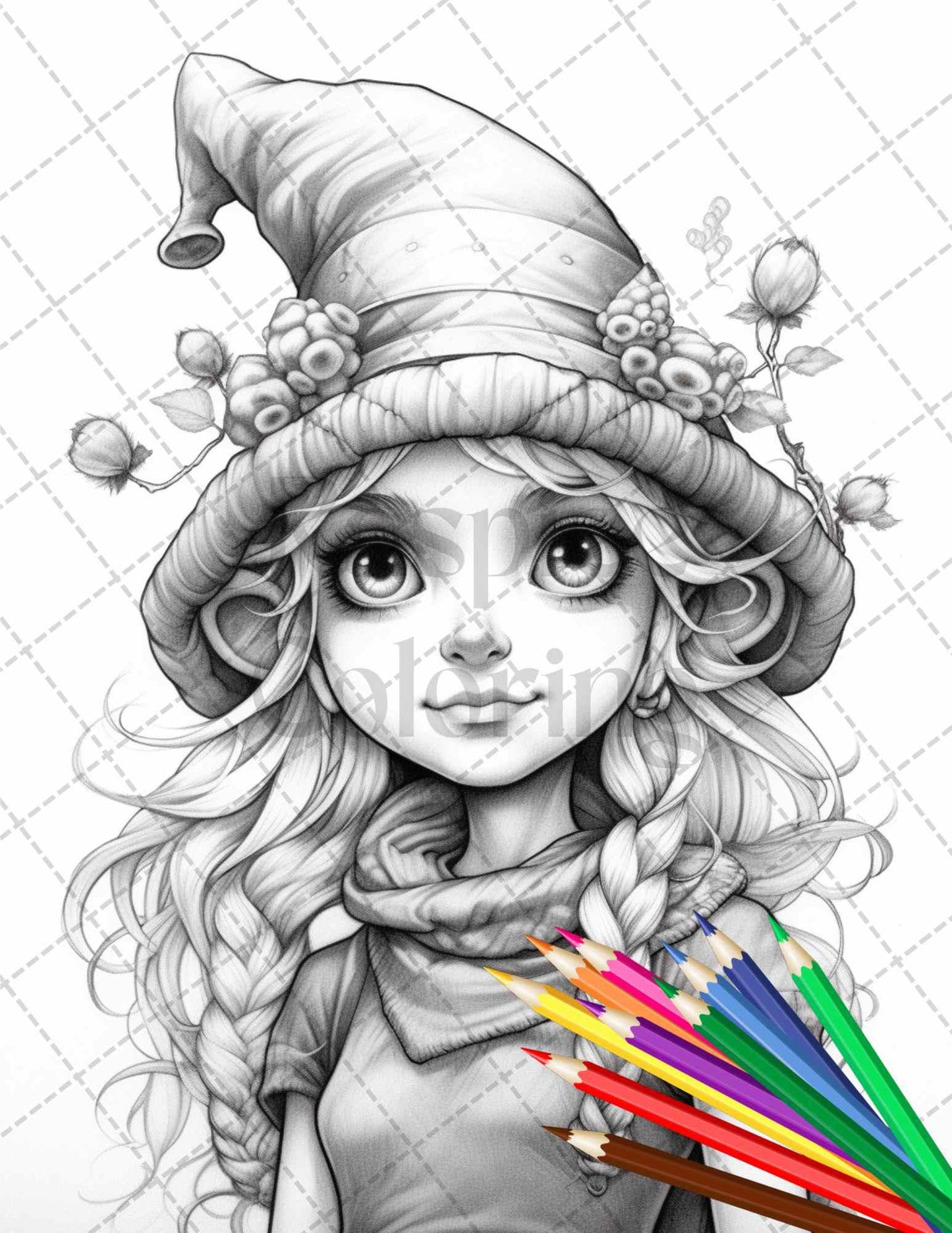 41 Adorable Gnome Girls Grayscale Coloring Pages Printable for Adults and Kids, PDF File Instant Download