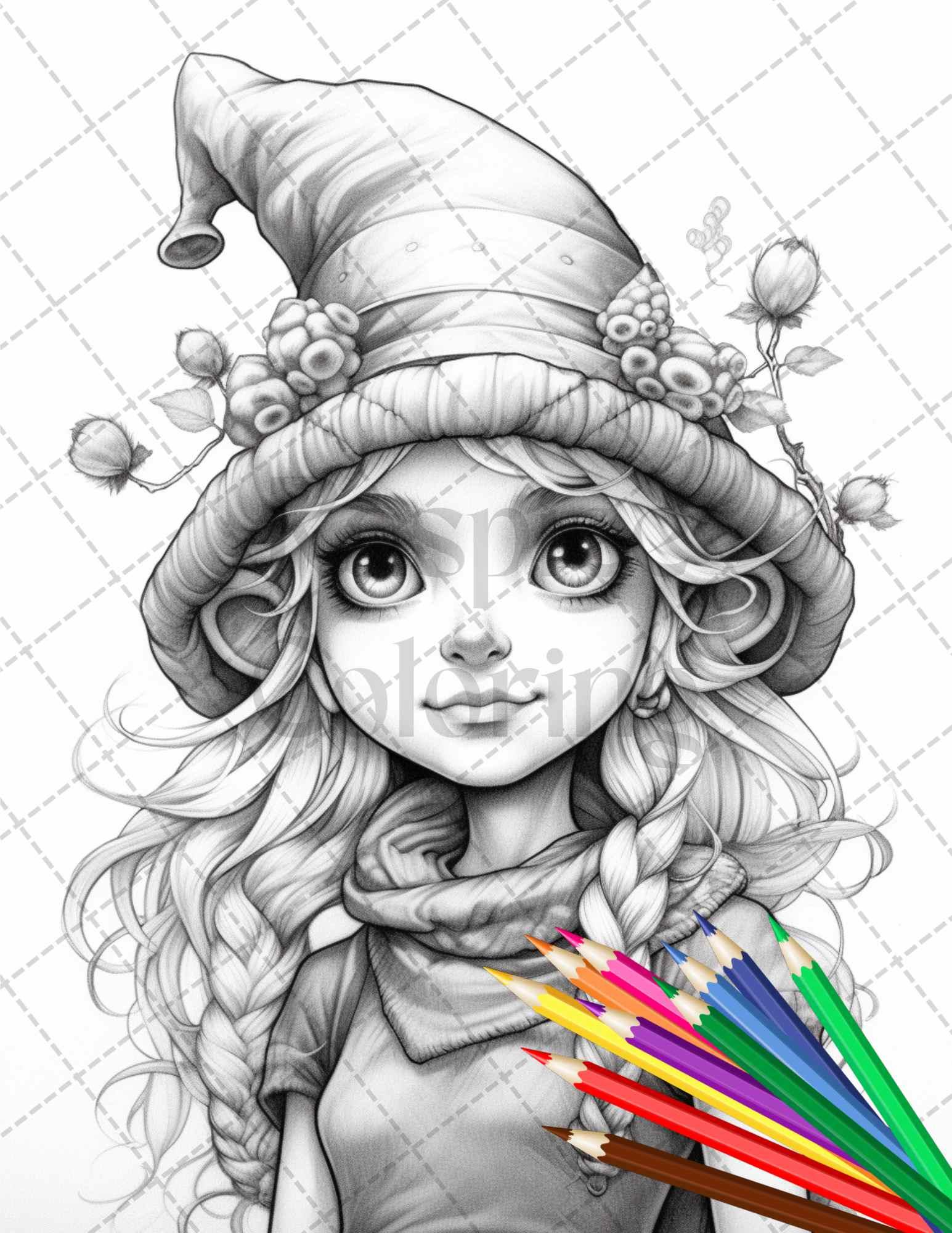 41 Adorable Gnome Girls Grayscale Coloring Pages Printable for Adults and Kids, PDF File Instant Download