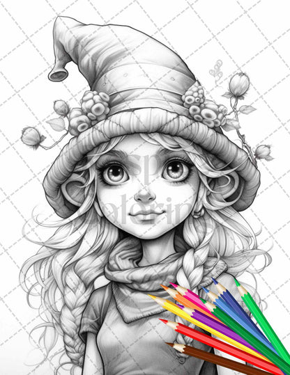 41 Adorable Gnome Girls Grayscale Coloring Pages Printable for Adults and Kids, PDF File Instant Download