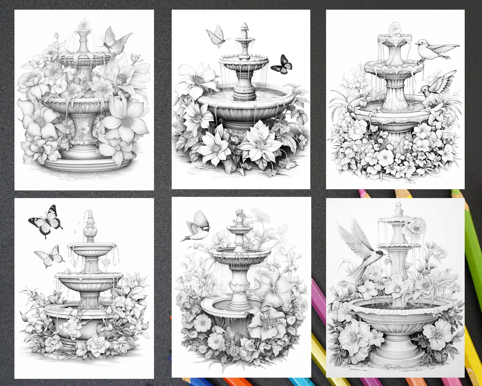 32 Blooming Fountains Grayscale Coloring Pages Printable for Adults, PDF File Instant Download