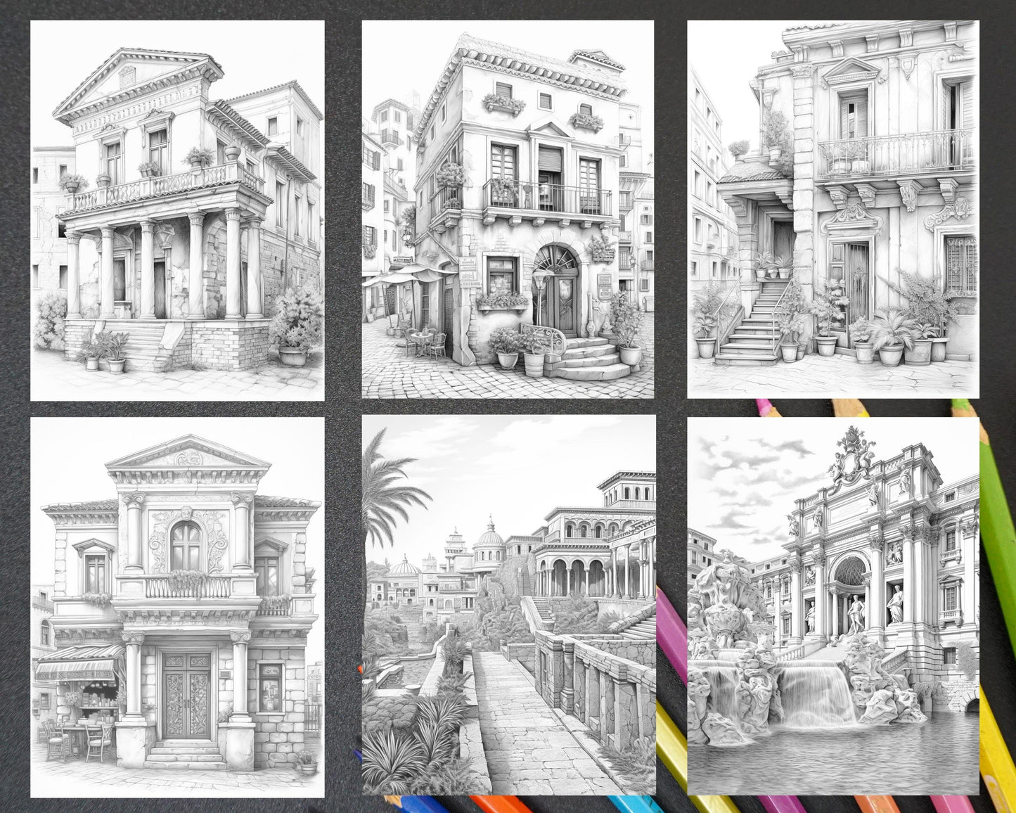 Roman Architecture Grayscale Coloring Pages Printable for Adults, PDF File Instant Download