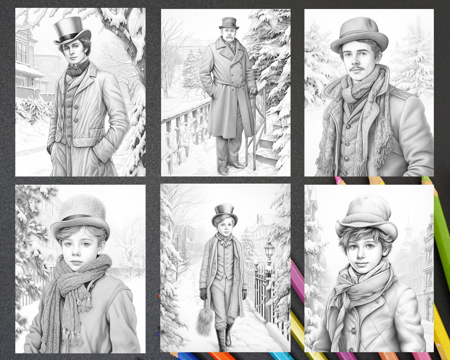 60 Victorian Winter Portrait Grayscale Coloring Pages Printable for Adults, PDF File Instant Download