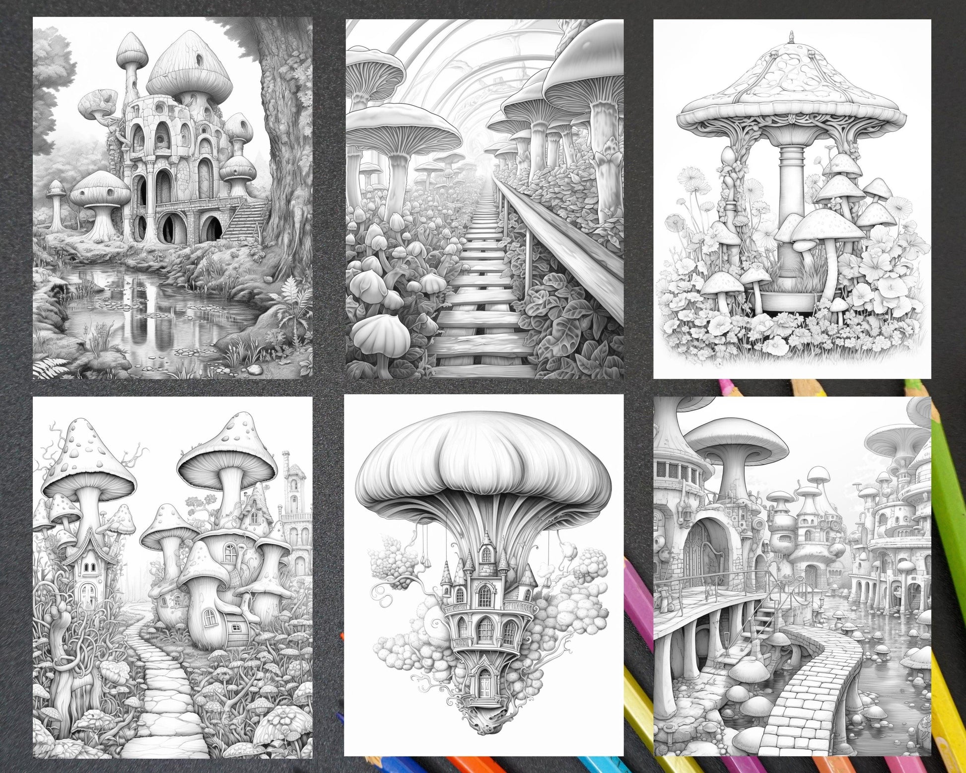 50 Fantasy Mushroom Island Grayscale Coloring Pages for Adults, Printable PDF Instant Download