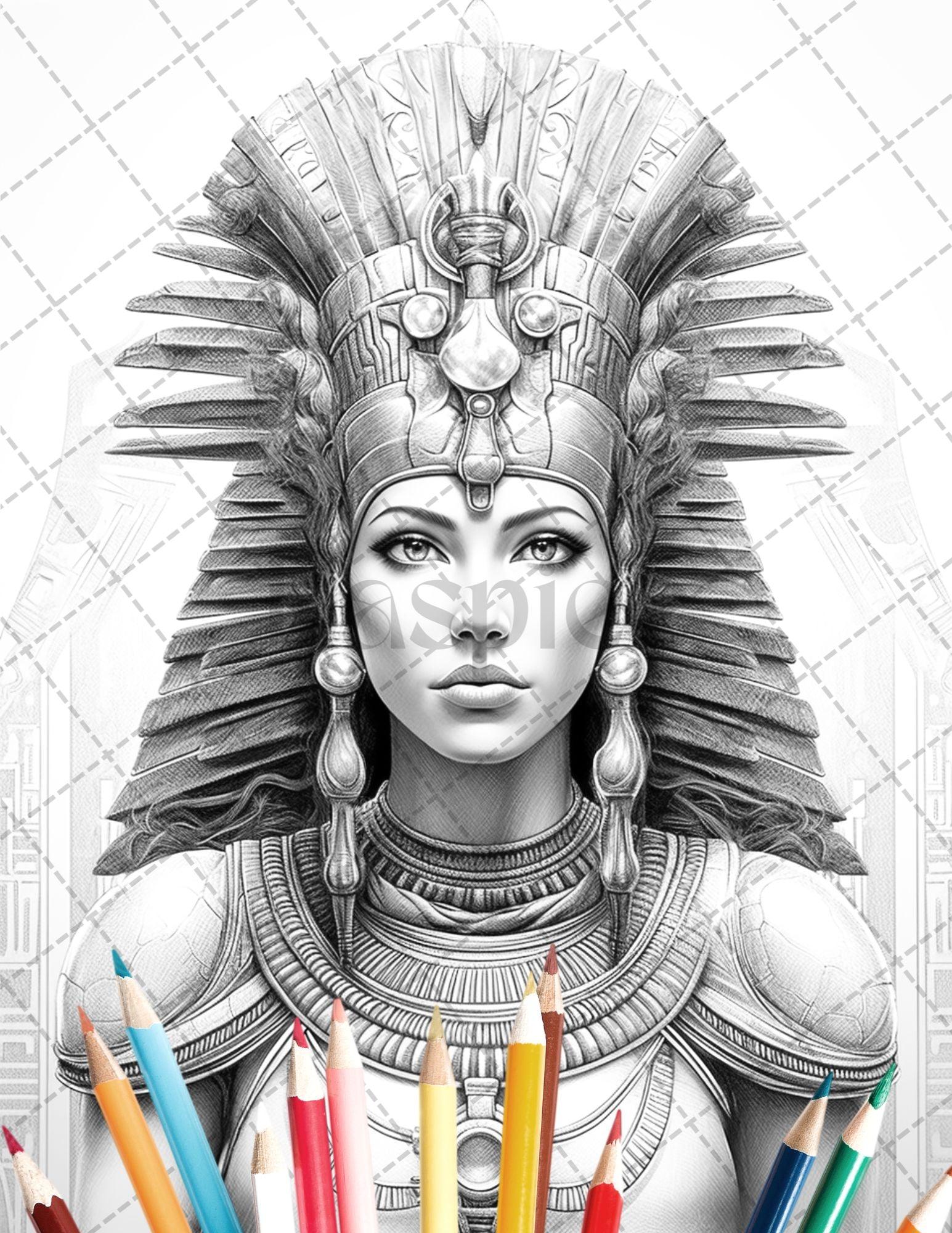 35 Ancient Egyptian Queens Coloring Book Printable for Adults, Grayscale Coloring Page, PDF File Instant Download