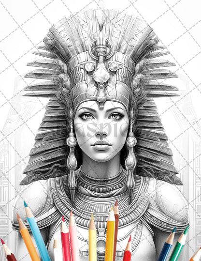 35 Ancient Egyptian Queens Coloring Book Printable for Adults, Grayscale Coloring Page, PDF File Instant Download