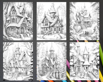 63 Winter Fairy Houses Grayscale Coloring Pages Printable for Adults, PDF File Instant Download