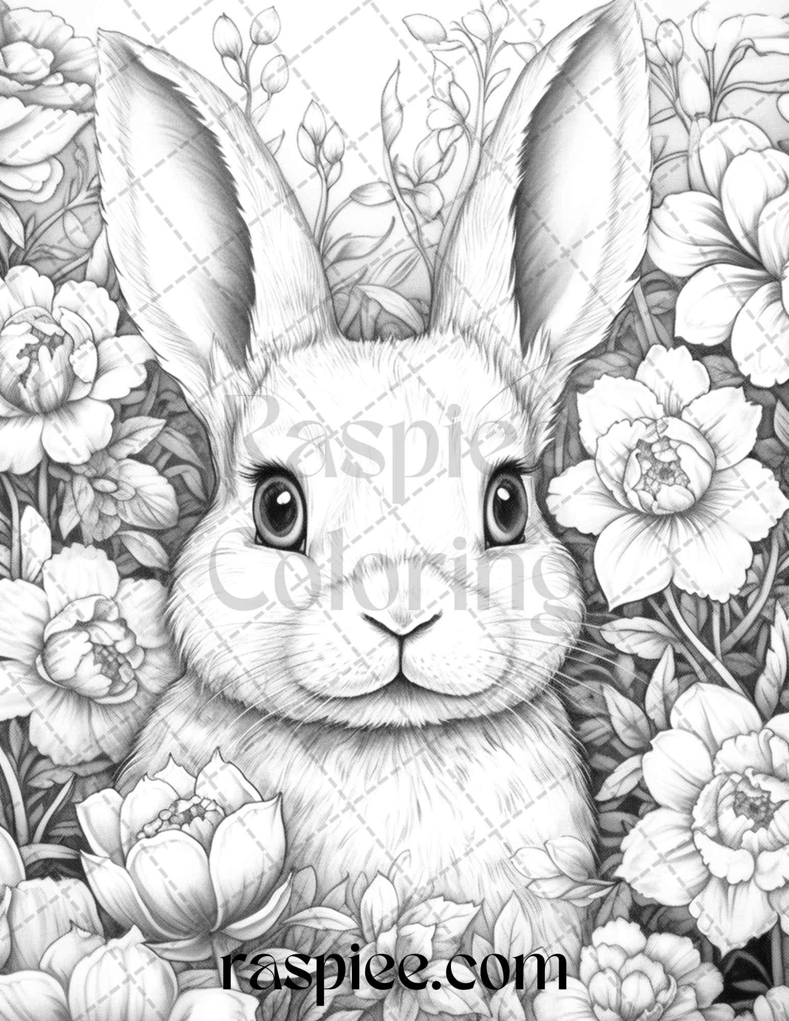 50 Rabbit Garden Grayscale Coloring Pages Printable for Adults, PDF File Instant Download
