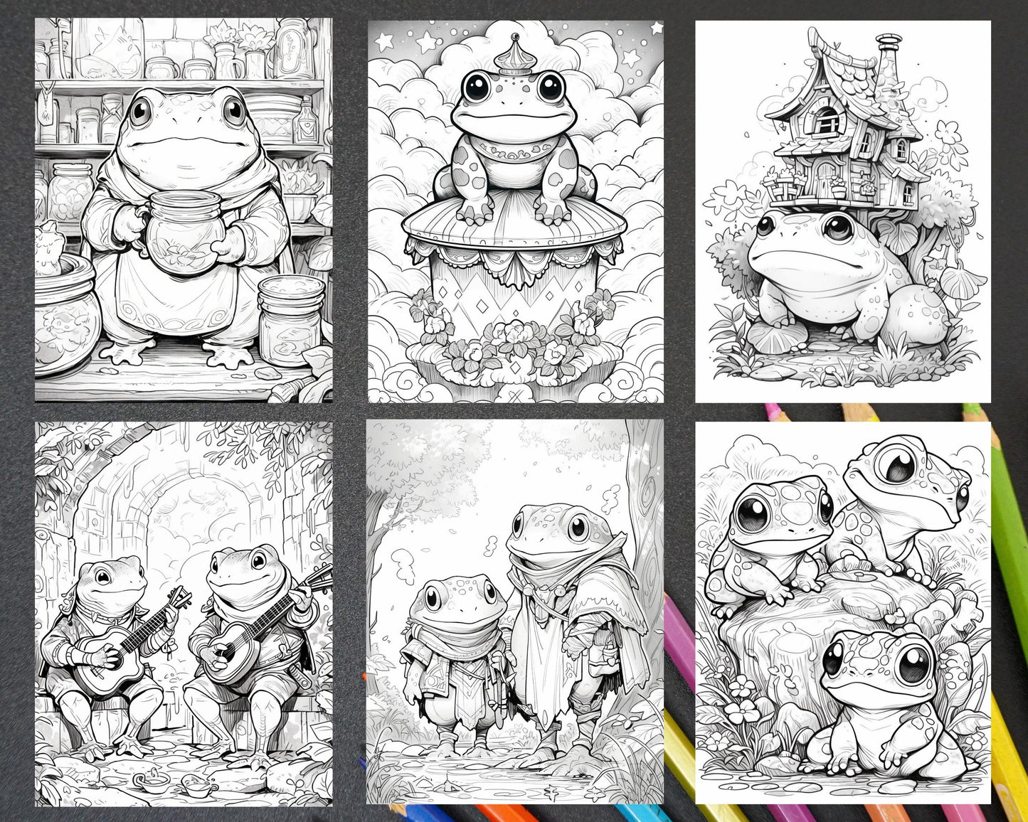 50 The Frog Kingdom Grayscale Coloring Pages for Adults, Printable PDF Instant Download